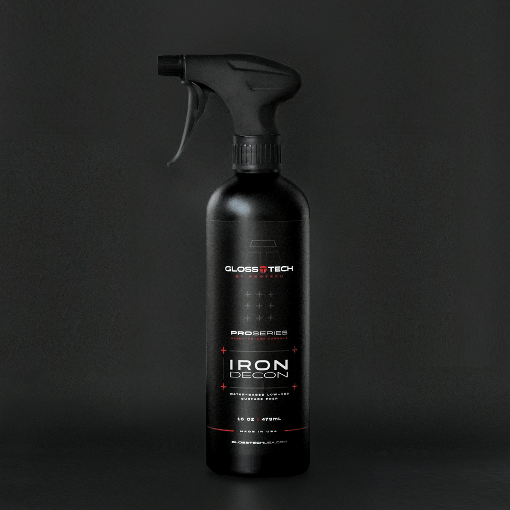 GlossTech proseries iron decon removes iron from brake dust, construction, and fallout from vehicle surfaces.